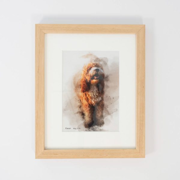 Custom pet art. Framed watercolour art print in an oak frame.