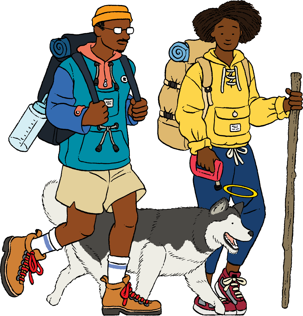 Illustration of couple hiking with their dog. Pet cremation.