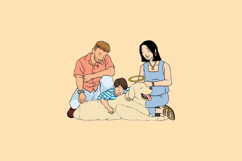 Illustration of family cuddling with their dog. Pet cremation.