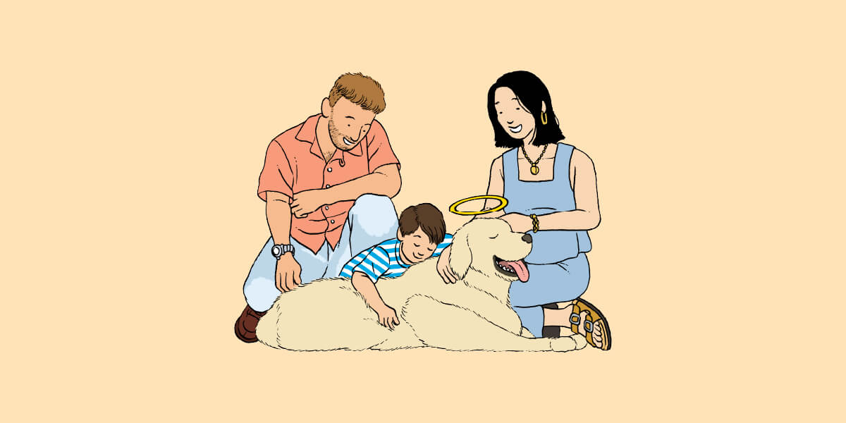 Illustration of family cuddling with their dog. Pet cremation.