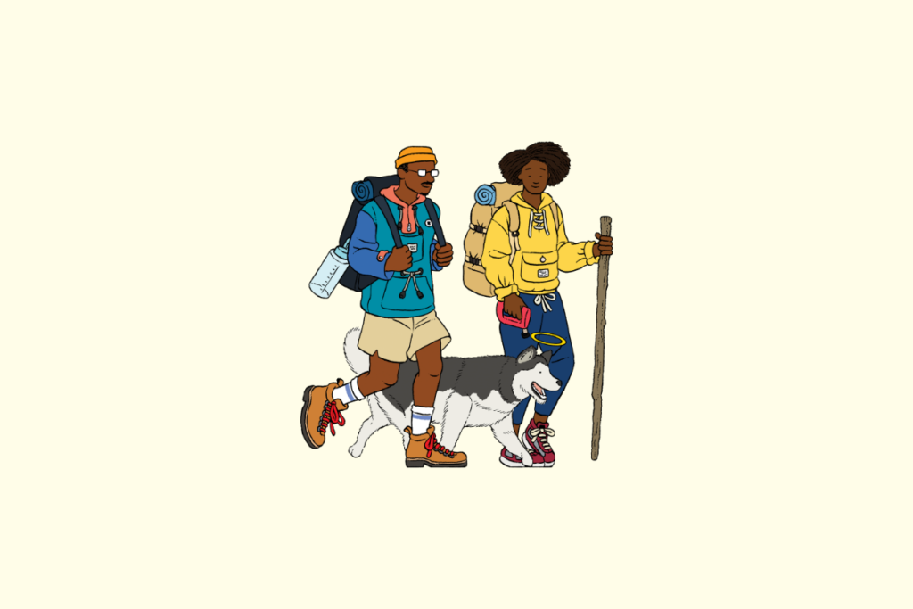 Couple walking with husky dog, adventure dogs