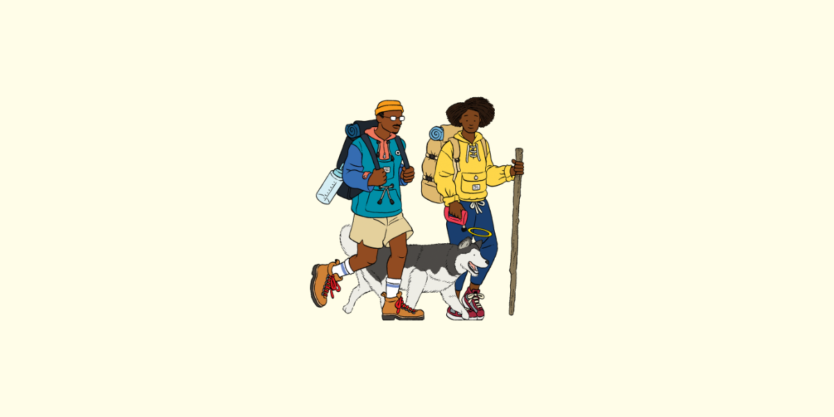 Couple walking with husky dog, adventure dogs